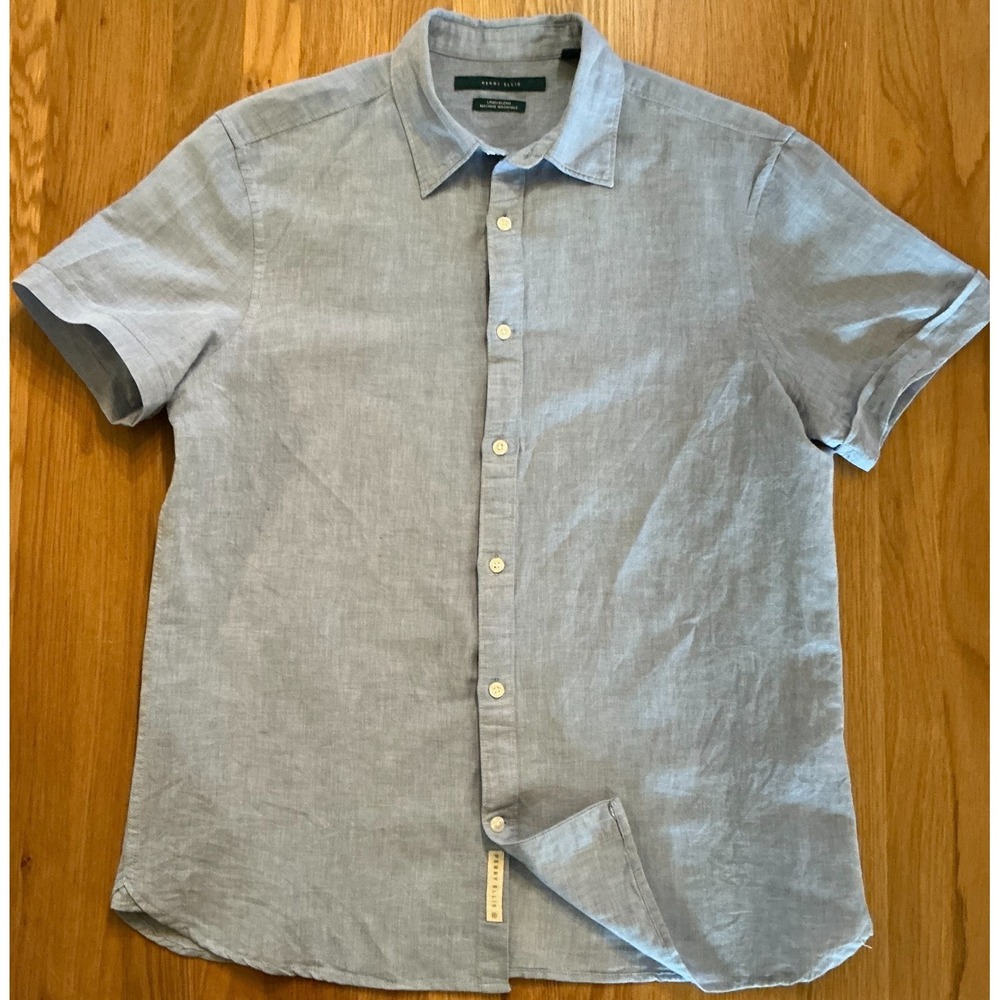 Perry Ellis Linen Blend Short Sleeve Button Shirt Blue Mens Medium MA5615